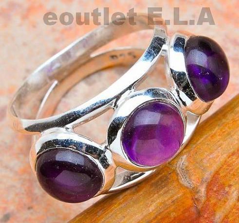 3-stone GENUINE AMETHYST SOLID SILVER RING-sz7